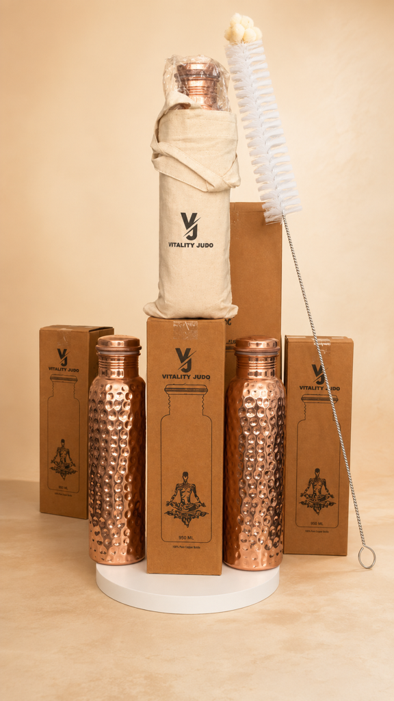 Vitality Judo copper bottle Travel Kit with carrying bag, cleaning brush and packaging